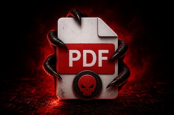 Un documento de formato PDF sujetado por garras oscuras con un emblema de calavera en la base sobre un fondo rojo.