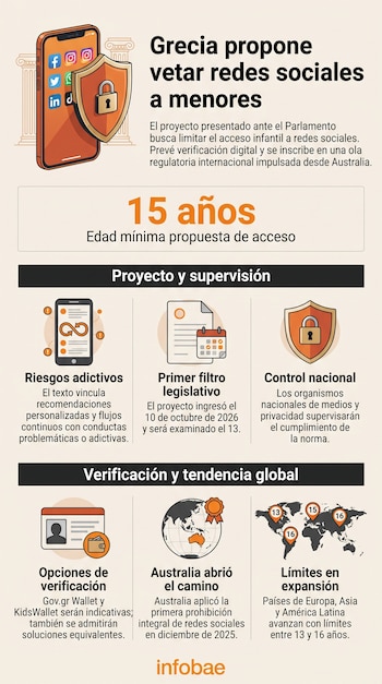 Infografía con un teléfono móvil bajo un escudo de seguridad, varios recuadros con texto e ilustraciones y un mapa del mundo en la parte inferior.