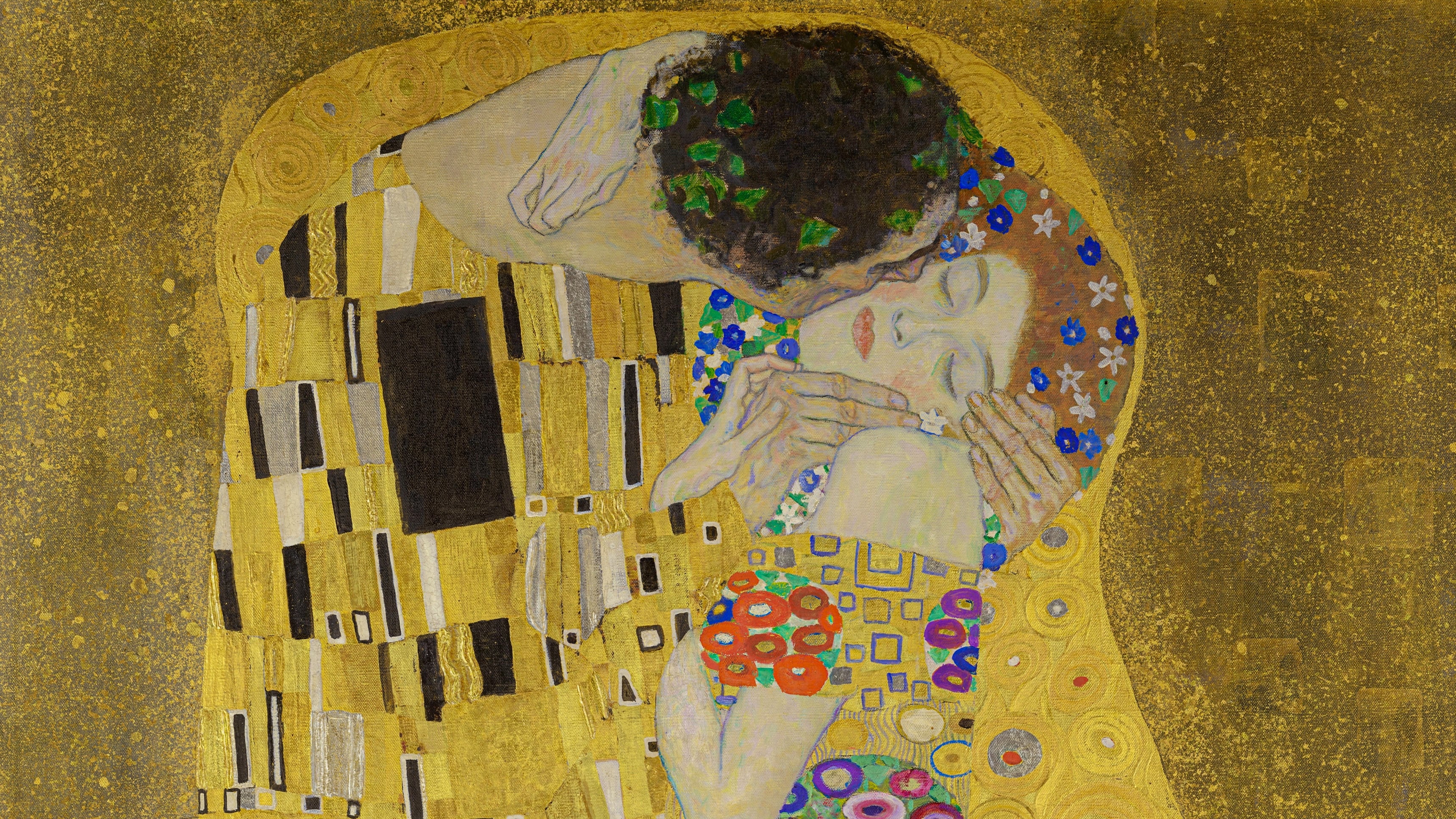 Klimt — El beso (1907-1908) En la túnica que envuelve a los amantes, Klimt escribió un lenguaje sin palabras: rectángulos para él, espirales y flores para ella. Donde los dos códigos se tocan, nace el único mensaje que importa