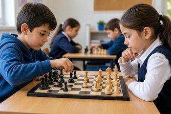 Un niño y una niña están sentados frente a un tablero de ajedrez sobre una mesa de madera en un salón de clases.
