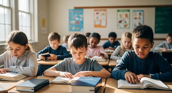 Vista frontal de varios niños y niñas sentados en pupitres, concentrados en la lectura de Biblias y otros libros en un aula iluminada por la luz natural.