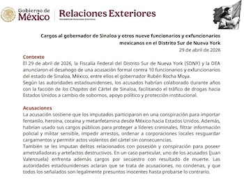 La SRE hizo públicas las comunicaciones oficiales intercambiadas con Estados Unidos sobre las solicitudes de extradición contra funcionarios de Sinaloa. (SRE)