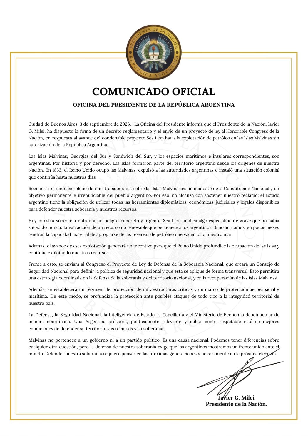 El comunicado que emitió la Oficina del Presidente luego de la cadena nacional de Javier Milei