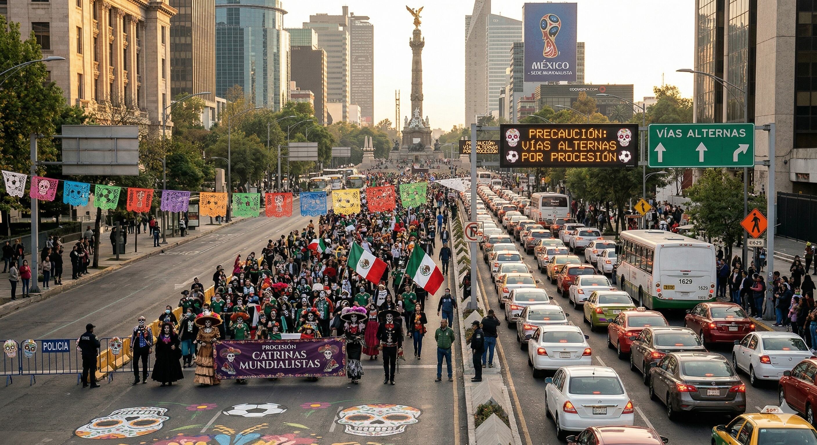 Autoridades de CDMX recomiendan considerar rutas alternativas para evitar el tráfico y la concentración de aficionados en Paseo de la Reforma. | Foto: (Gemini IA ilustrativa, creada con Inteligencia Artifical)