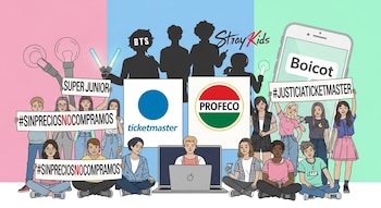 Ilustración de jóvenes fans de K-pop protestando, sentados y de pie con pancartas y logos de Ticketmaster y Profeco, junto a un teléfono que muestra "Boicot".