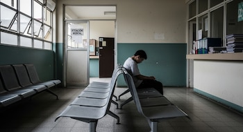 Interior de una sala de espera de hospital público con bancos metálicos y una persona sentada. Al fondo, una puerta con el letrero "Atención Mental" y expedientes en un mostrador.