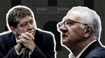 Dos hombres se miran desafiantes, enmarcados con contorno de papel rasgado sobre la fachada ilustrada del Hospital San Juan de Dios de Bogotá.