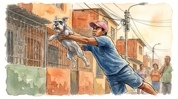 Acuarela de Eder Morán saltando para atrapar a una perrita schnauzer gris en el aire, con edificios de barrio popular, rejas y vecinos de fondo.