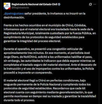 La entidad electoral destaca el uso de monitoreo por georreferenciación para asegurar la trazabilidad del proceso en Chinú - crédito @Registraduria / X