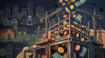 Estructura de acero en construcción con grúas y torres eléctricas entre dinero que cae, con casas y una escuela de papel al fondo.