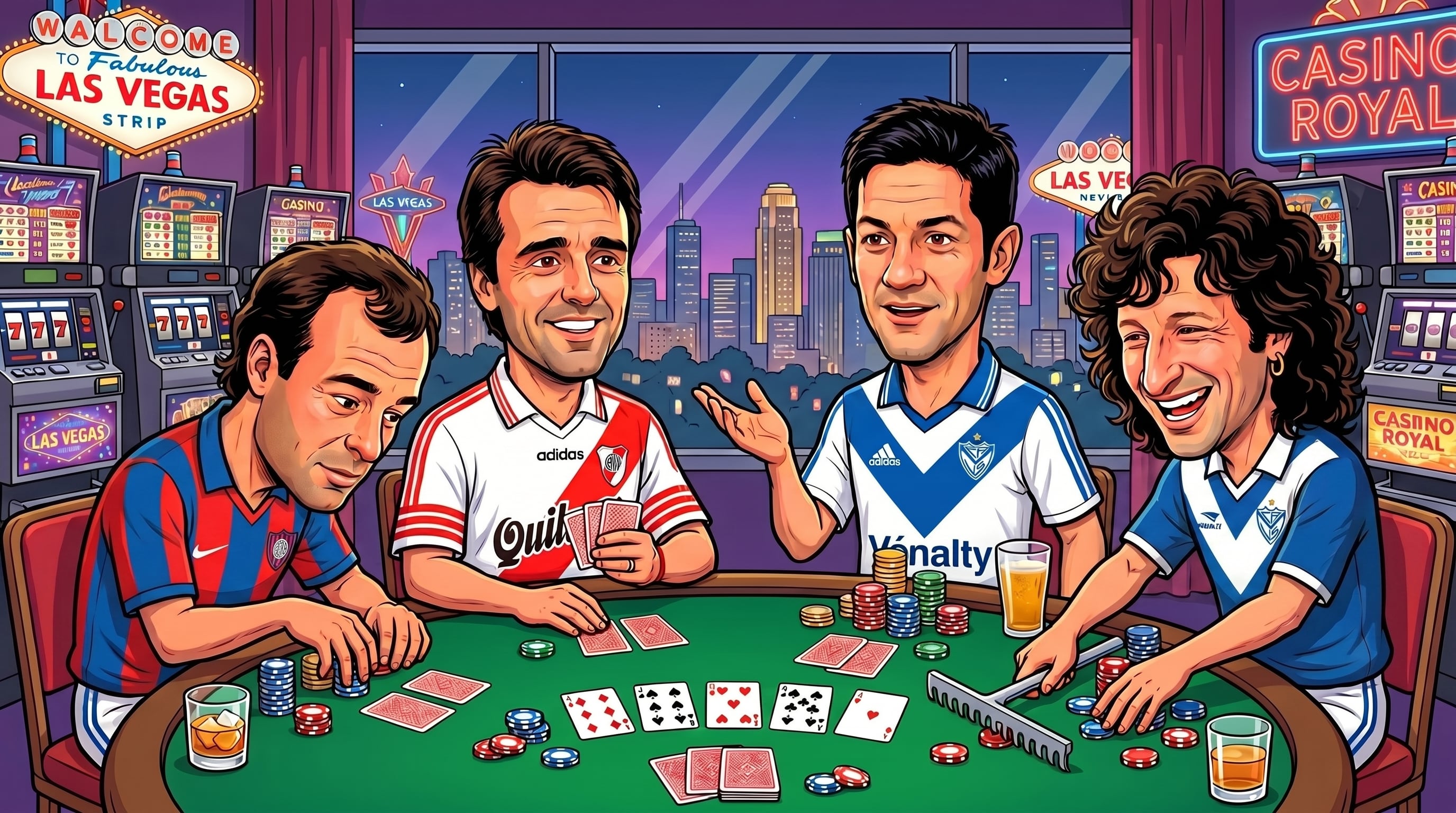 Marcelo Gallardo, Leandro Romagnoli, Mauricio Pellegrino y Ricardo Gareca, leyendas del fútbol argentino, se divierten jugando al póker en un vibrante casino temático de Las Vegas. (Imagen Ilustrativa Infobae)