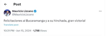 Mauricio Lizcano felicita a Atlético Bucaramanga por su victoria contra Santa Fe - crédito @MauricioLizcano