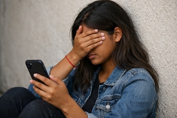 Adolescente de piel morena con cabello oscuro y chaqueta de mezclilla, cubriendo su rostro con una mano mientras mira un teléfono celular, apoyada en una pared clara.
