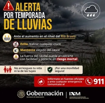 El INM pide a los migrantes no intentar cruzar el Río Bravo en temporada de lluvias.
Crédito: INM