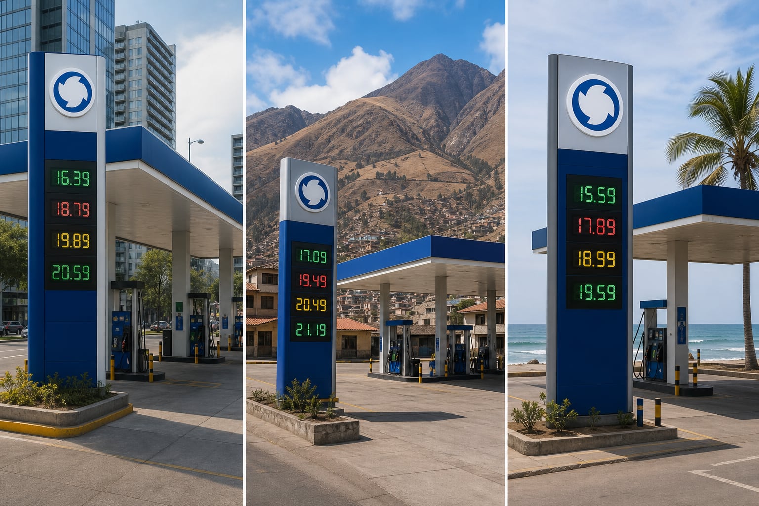 Tres estaciones de servicio situadas en la costa, la sierra y una zona urbana de Perú muestran distintas tarifas de combustible supervisadas por Osinergmin. (Imagen Ilustrativa Infobae)