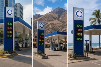 Collage de tres estaciones de servicio en entornos de ciudad, montaña y playa con letreros digitales de precios de combustible.