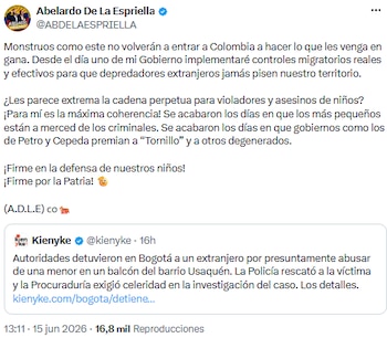 Abelardo de la Espriella propuso cadena perpetua y controles migratorios estrictos para proteger a menores - crédito @ABDELAESPRIELLA/X