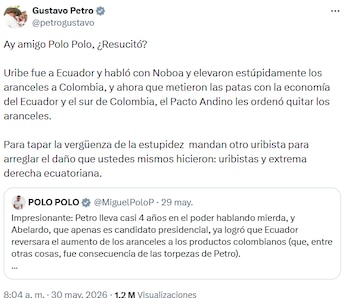 Rifirrafe entre Gustavo Petro y Polo Polo tras reunión de Abelardo de la Espriella con el presidente de Ecuador Daniel Noboa - crédito @petrogustavo/X - @MiguelPoloP/X