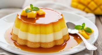 Flan de tres capas (blanco y amarillo) con salsa de caramelo, cubos de mango y hojas de menta en un plato blanco. Cuchara plateada y mango en el fondo.