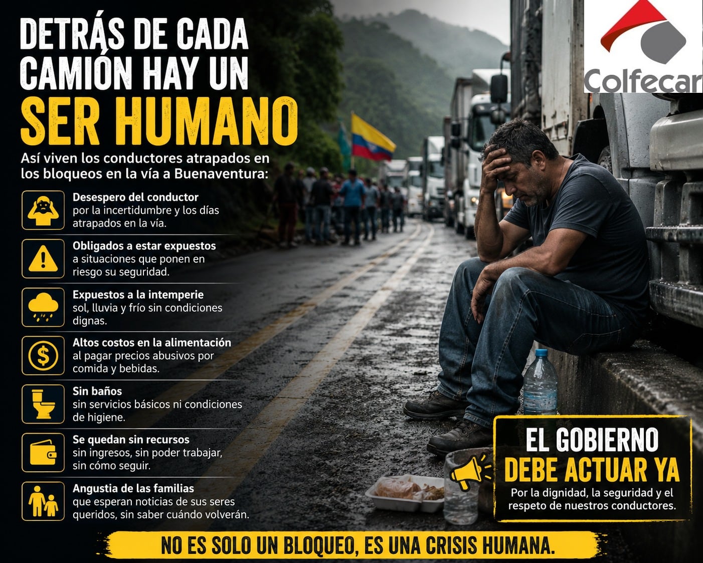 Colfecar también se refirió a las afectaciones y las incomodidades que han tenido que sortear las decenas de conductores de vehículos de carga pesada - crédito @Colfecar/X