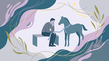 Un hombre sentado en un banco y un caballo están unidos por una cinta azul en un fondo de formas abstractas multicolores.