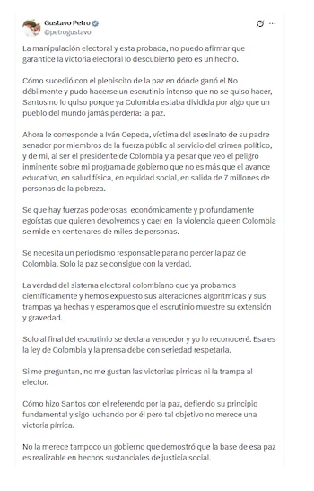 Gustavo Petro señaló que hubo manipulación de los comicios