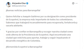 Alejandro Char celebró anuncio de una sede de Ecopetrol en Barranquilla - crédito @AlejandroChar/X