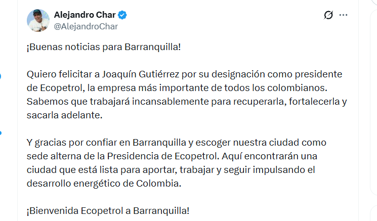 Alejandro Char celebró anuncio de una sede de Ecopetrol en Barranquilla - crédito @AlejandroChar/X