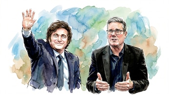 Ilustración en acuarela: Javier Milei sonriendo y saludando, junto a Keir Starmer con gafas y gesticulando. Fondo de manchas de color azul y verde.