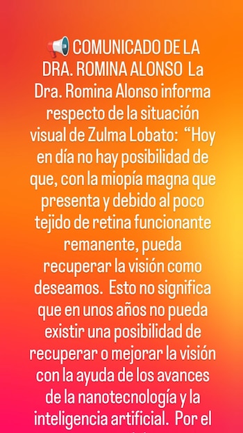 La Pepona publicó el comunicado de la Dra. Alonso sobre las razones médicas que hacen imposible mejorar la visión de Zulma Lobato con los medios existentes en la actualidad