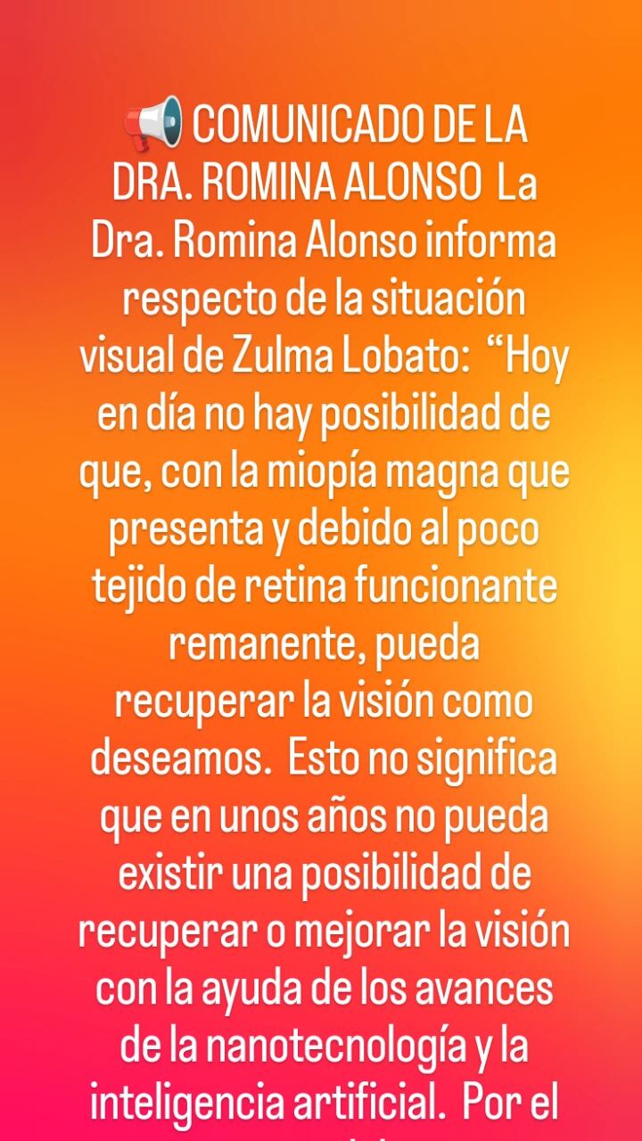La Pepona publicó el comunicado de la Dra. Alonso sobre las razones médicas que hacen imposible mejorar la visión de Zulma Lobato con los medios existentes en la actualidad