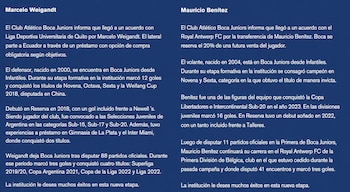 Texto sobre fondo azul con las biografías y detalles de las transferencias de los futbolistas Marcelo Weigandt y Mauricio Benítez desde Boca Juniors