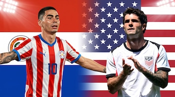 Ilustración digital de medio cuerpo de Miguel Almirón (Paraguay) y Christian Pulisic (Estados Unidos) sobre un fondo de las banderas de sus países.