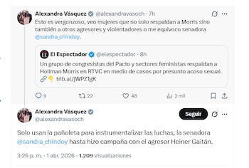 La congresista Alexandra Vásquez rechazó comunicado a favor de Hollman Morris - crédito @alexandravasoch/X