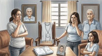 Dibujo de tres mujeres con expresiones de consternación en una sala modesta, una silla vacía, una bata y mascarilla, una foto y un retrato de hombres.