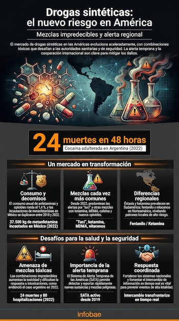 Infografía sobre drogas sintéticas en América con texto informativo, un mapa del continente, fórmulas químicas, matraces de laboratorio y símbolos de peligro.