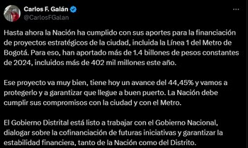 Galán resaltó la importancia de la cooperación entre los gobiernos distrital y nacional para lograr la efectividad el proyecto vial de la ciudad - crédito @CarlosFGalan