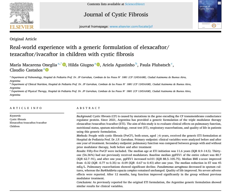 La investigación del Hospital Garrahan de Argentina evaluó la respuesta al tratamiento genérico para la fibrosis quística en niños en la revista Journal of Cystic Fibrosis (estudio argentino sobre fibrosis quistica)