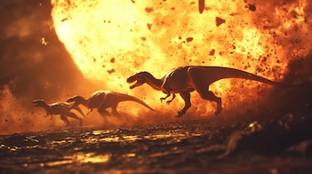 Imagen de dinosaurios huyendo de un meteorito gigante, mostrando pánico y caos prehistórico. Otras opciones: cataclismo espacial, impacto mortal, extinción prehistórica. - (Imagen Ilustrativa Infobae)