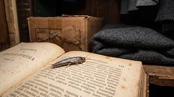 Un pececillo de plata gris sobre un libro abierto de páginas amarillentas, junto a una prenda de lana y una caja de cartón.