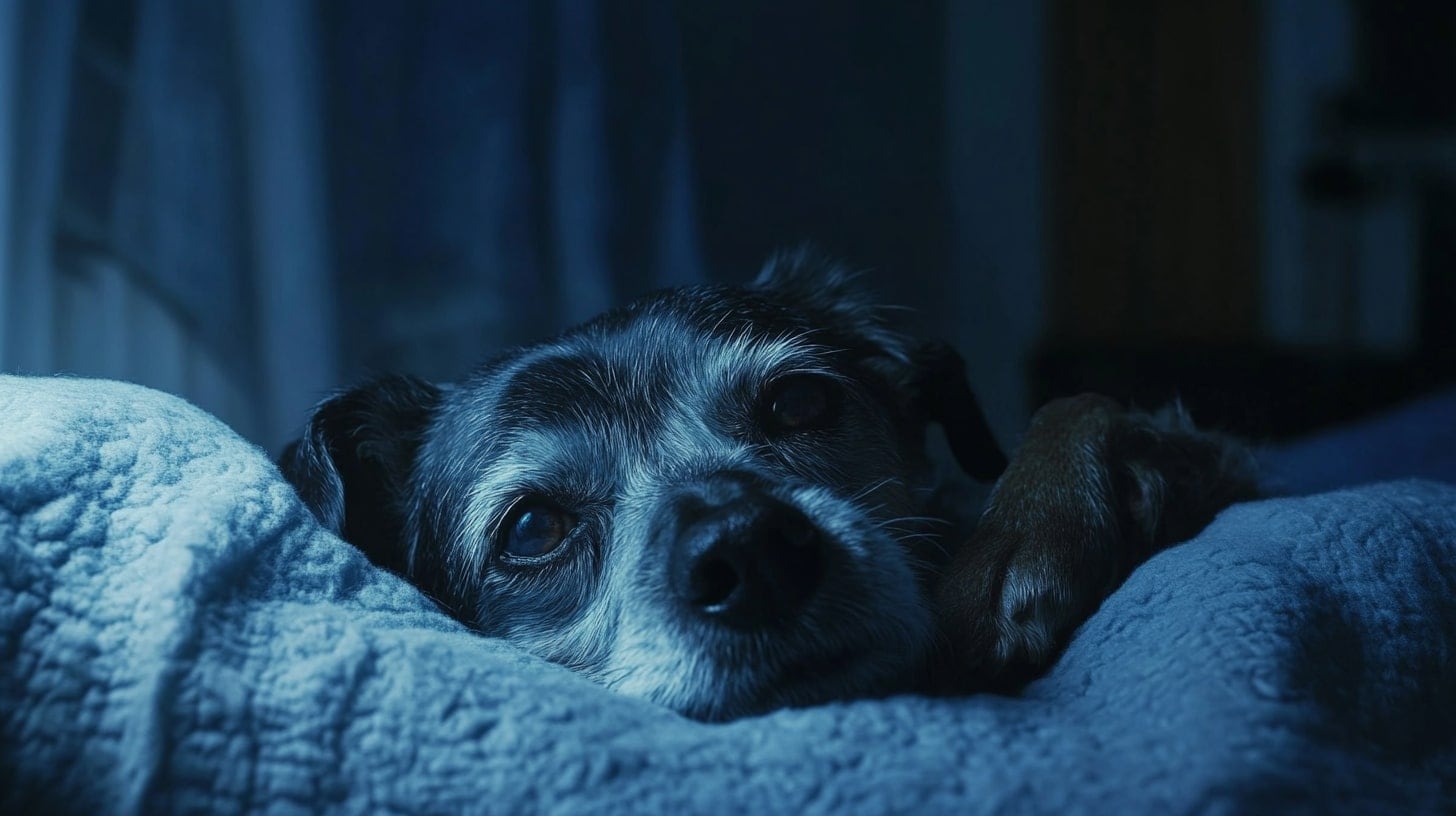 Un perro viejito descansando en la noche, con la mirada cansada, buscando consuelo mientras no puede dormir. - (Imagen Ilustrativa Infobae)