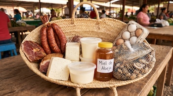 Canasta de mimbre sobre una mesa de madera llena de chorizos, queso, crema, miel de abeja, huevos y mariscos en un mercado borroso de fondo.