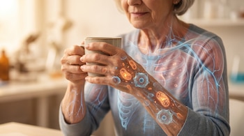 Imagen biomédica hiperrealista de una mujer mayor sosteniendo una taza, con superposición translúcida de células envejecidas y mitocondrias fragmentadas en su brazo.