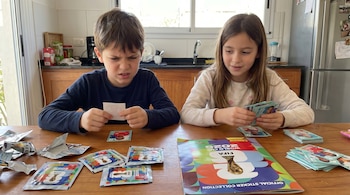 Un niño frunce el ceño con una figurita en la mano, y una niña sonríe revisando sus figuritas junto a un álbum Panini FIFA World Cup 2026 en una mesa de madera.