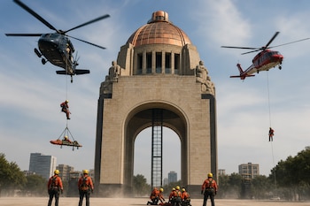Helicópteros vuelan junto al Monumento a la Revolución mientras personal con traje naranja desciende en cuerda y sostiene una camilla.