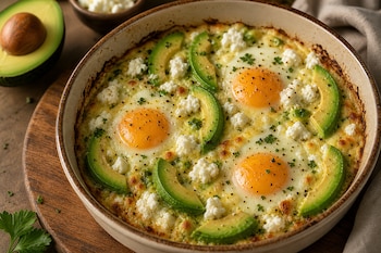 Cazuela con tres huevos al horno, rebanadas de aguacate y trozos de queso blanco, junto a medio aguacate fresco sobre una mesa de madera.