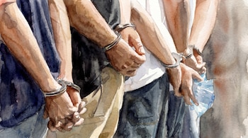 Pintura acuarela que representa de cerca los brazos y manos de varias personas esposadas. Se aprecian tonos marrones en la piel y ropa oscura.