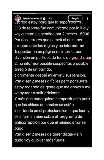 El tenista Hernán Casanova anunció