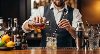Un bartender con barba vierte whisky de una botella de cristal tallado en un vaso mezclador con hielo. En la barra hay botellas, limones, limas y utensilios de bar.