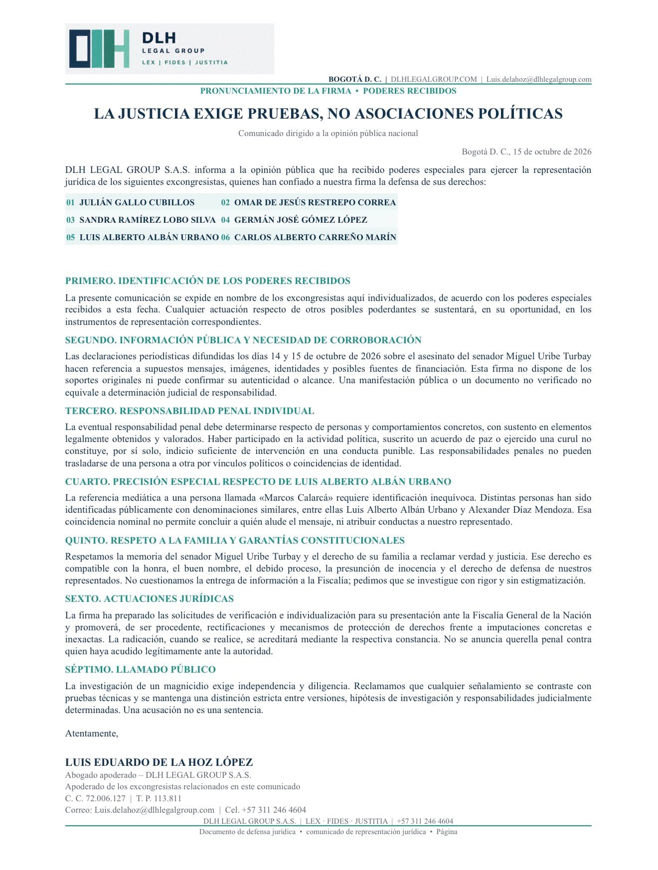 La firma reclamó que cualquier responsabilidad se determine con pruebas incorporadas al proceso y bajo las garantías del debido proceso y la presunción de inocencia - crédito @Dlhlegalgroup/X